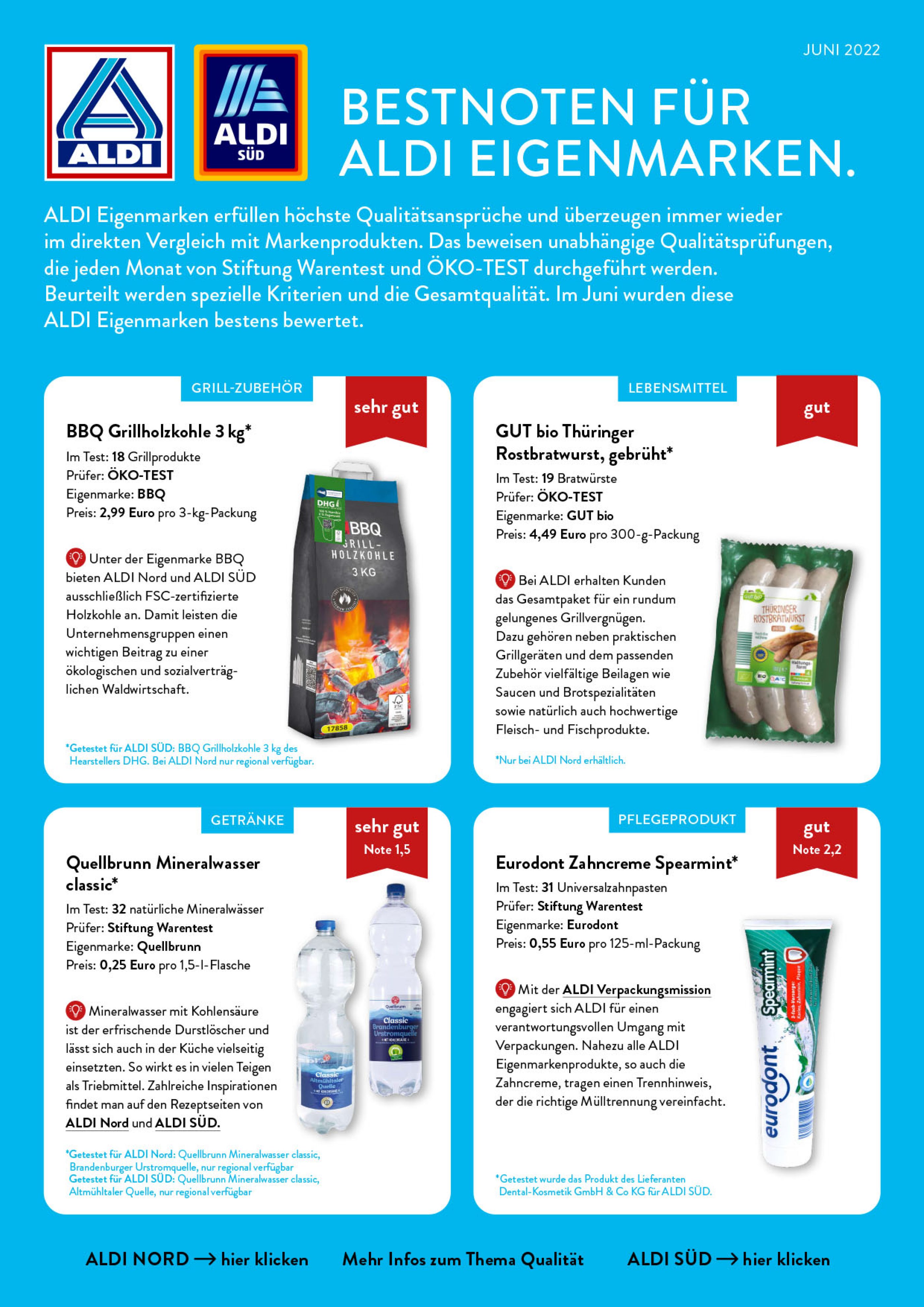 Bestnoten für ALDI Eigenmarken / Juni 2022