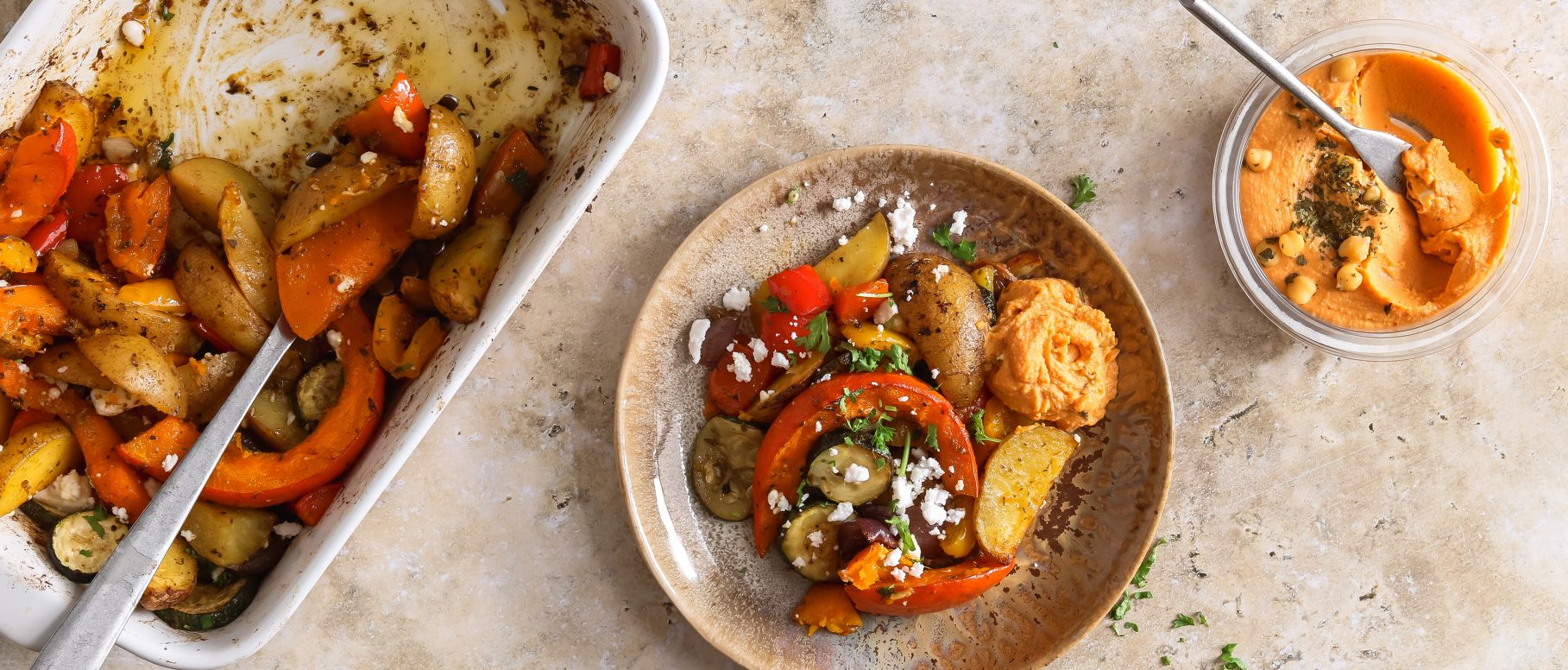 Ofengemüse mit Kürbis, Hirte und pikantem HummusDip Rezepte von ALDI Nord